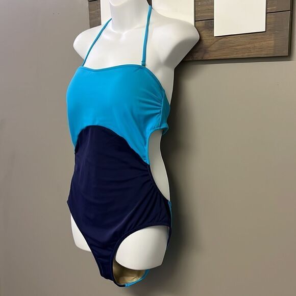 J. Crew Blue One Piece Halter Swim Suit with Cutout Back-& Metal Closure-Size 12 - Picture 2 of 16